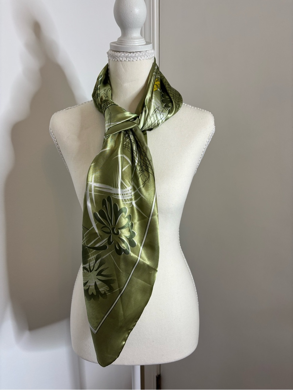 Beautiful Olive Green Floral Silk-Feel Scarf
